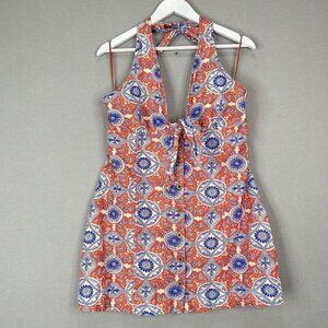 Maeve Anthropologie Womens Dress Large Red Linen Slim Halter Shirt Tie Retro